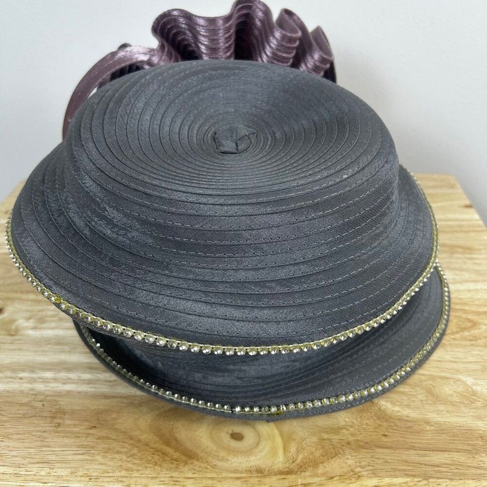 Susanna Womens Church Dress Hat Gray Purple Bow Rhinestone Derby Wedding - Picture 5 of 8